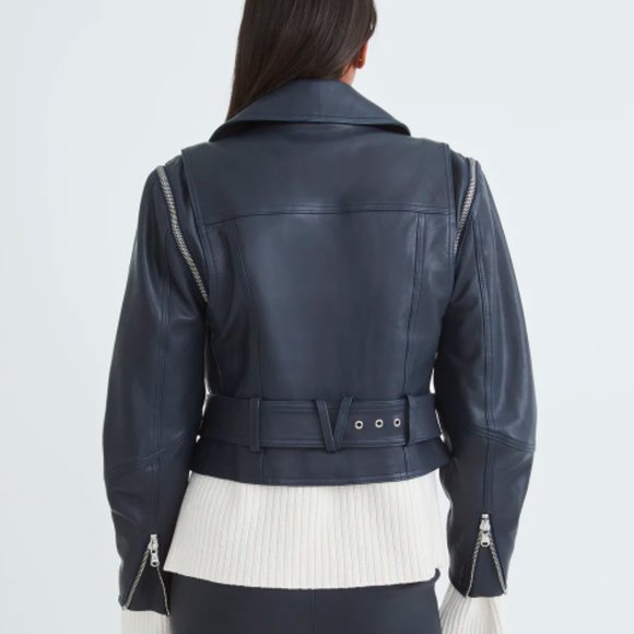 Veronica Beard Jylan Leather Moto Jacket Navy Dark Blue Lambskin Size 2 NWT - Picture 3 of 15